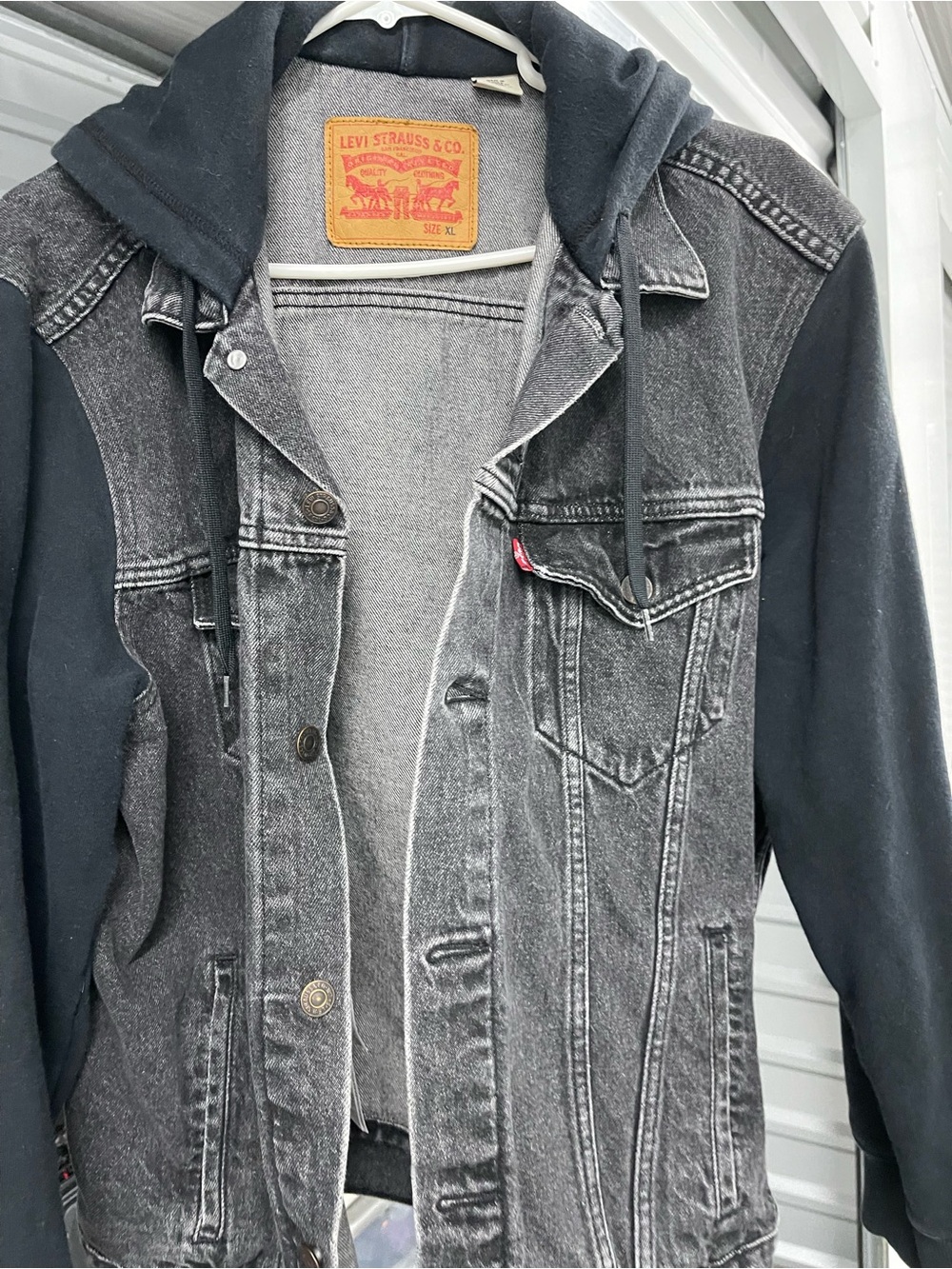 Used Levi's Black Washed Denim Jacket with Black Hooded Sleeves